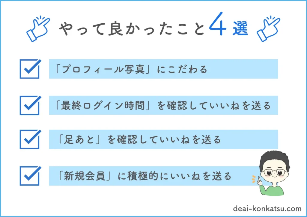 ペアーズでマッチングするためにやって良かった事４選を紹介します。一つ目はプロフィール写真にこだわりましょう、二つ目最終ログイン時間を確認していいねを送りましょう、三つ目足あとを確認していいねを送りましょう、四つ目新規会員に積極的にいいねを送りましょう